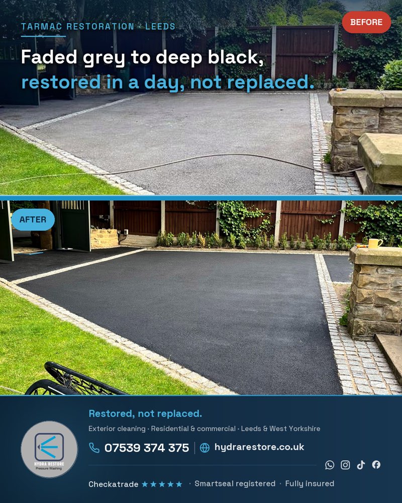 A branded Hydra Restore before-and-after social graphic: a tired drive on top, the re-blacked deep, even finish below, with a benefit headline and a contact-and-trust footer we designed.