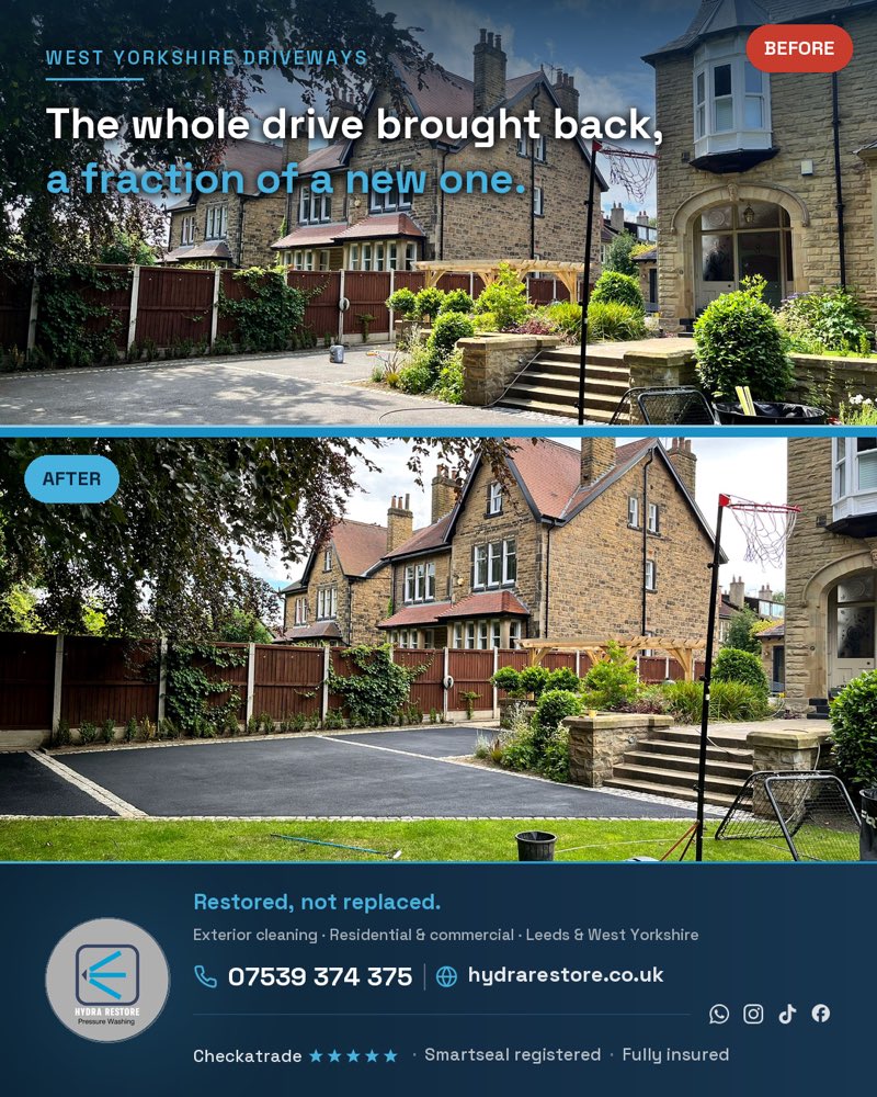 A branded before-and-after graphic of a large gritstone property drive, the oxidised grey lifting to a deep black finish, laid out with the Hydra Restore brand lockup we produced.