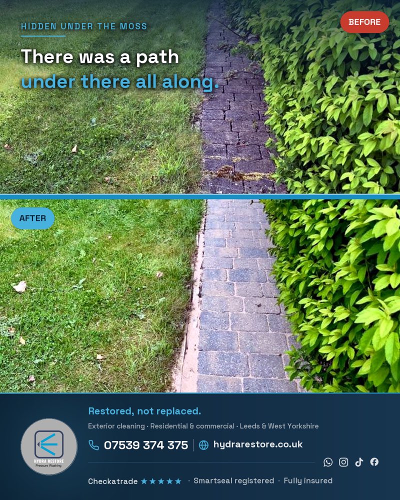 A branded before-and-after graphic of a stone-sett path cleaned and restored, framed as a self-contained Hydra Restore social post.