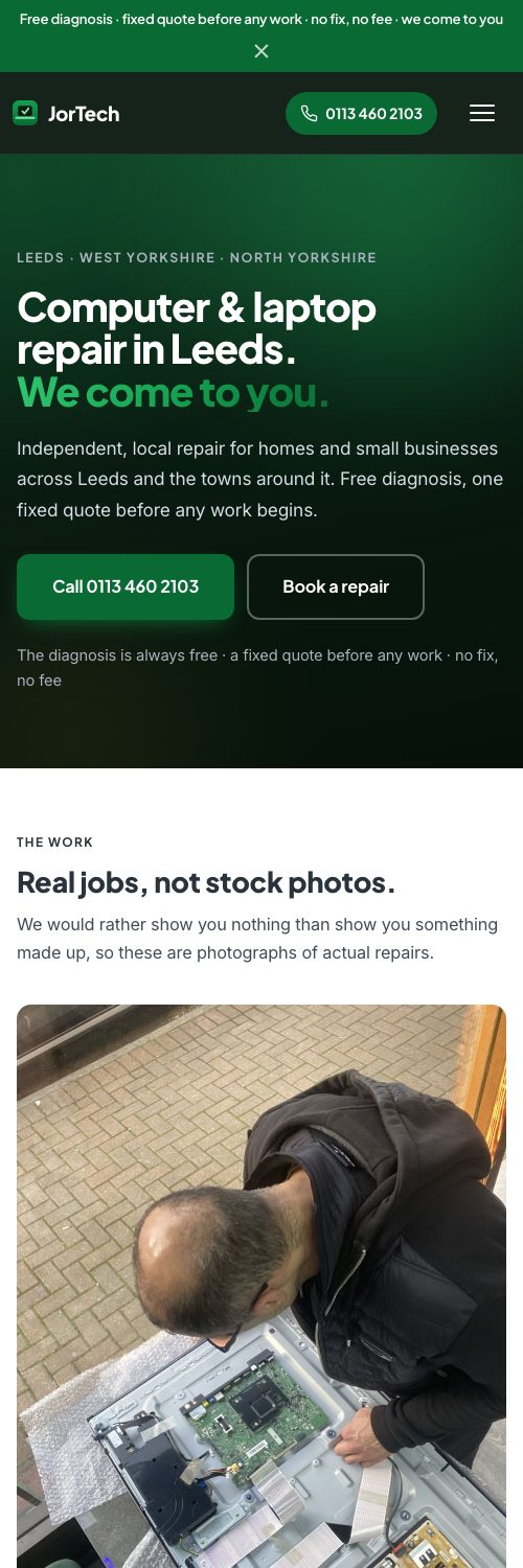 The JorTech homepage at phone width: the promise bar, a one-thumb call button and booking button, and the hero stacked cleanly at five hundred pixels wide
